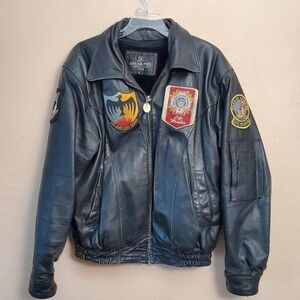Vintage Oscar Piel Leather Bomber US Navy jacket with patches